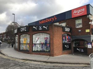 The front of the Crystal Palace Football Club shop, South London, England